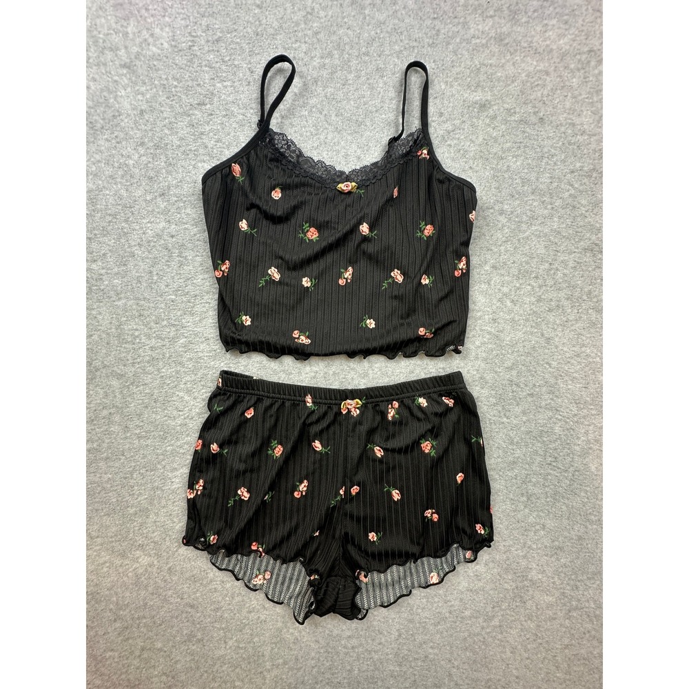 Black Ribbed Floral Rose Pajama Set Cami and Shorts Lace Trim Small